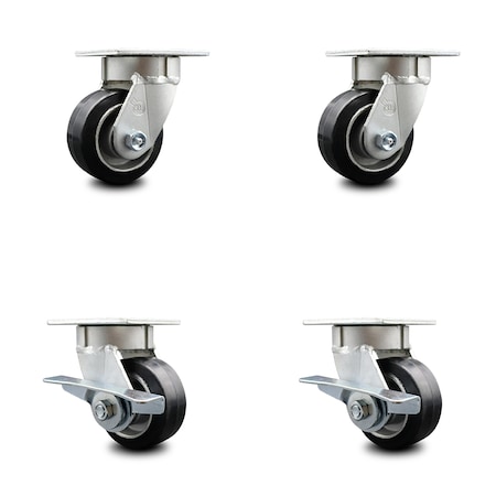 Service Caster 4 Inch Kingpinless Rubber on Aluminum Wheel Swivel Caster Set with 2 Brakes SCC SCC-KP30S420-RAR-2-SLB-2